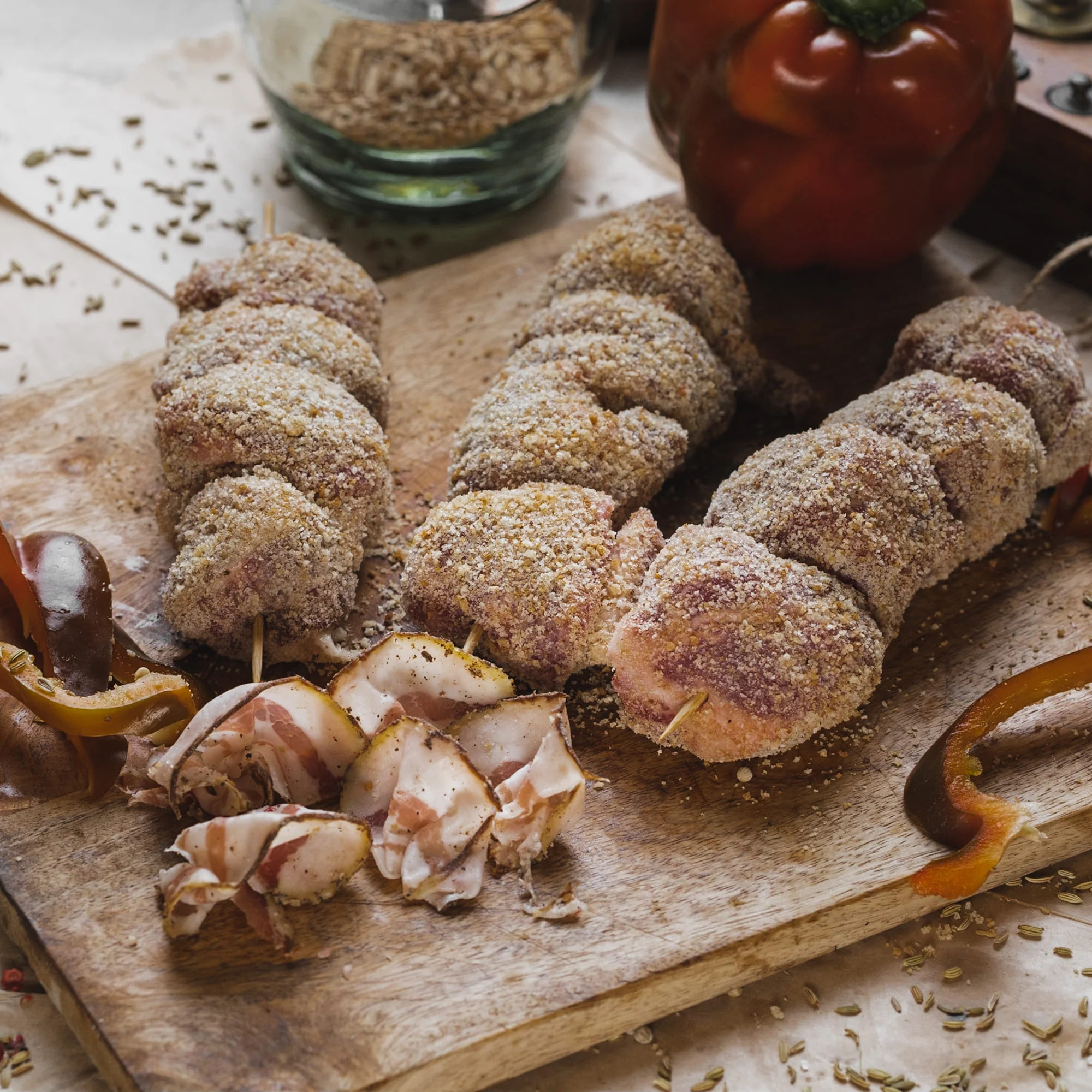 Bombette con peperoni grigliati e guanciale