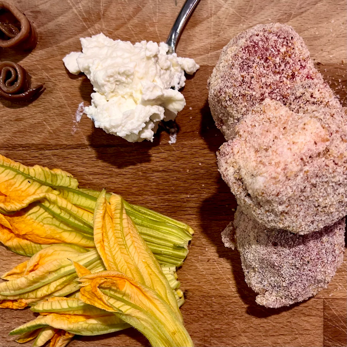 Bombette fiori di zucca, ricotta e alici